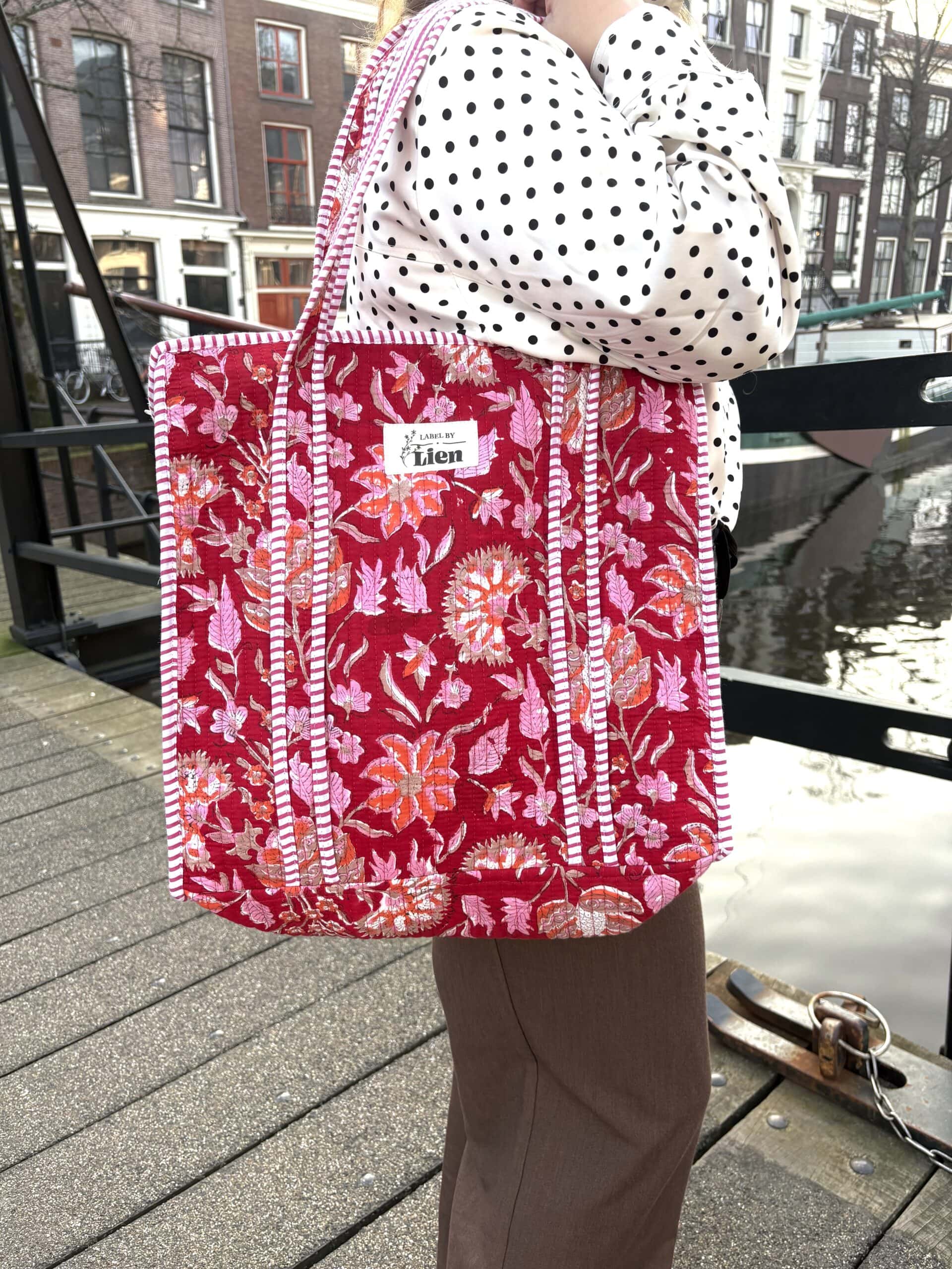 Tote bag rood roze bloementas