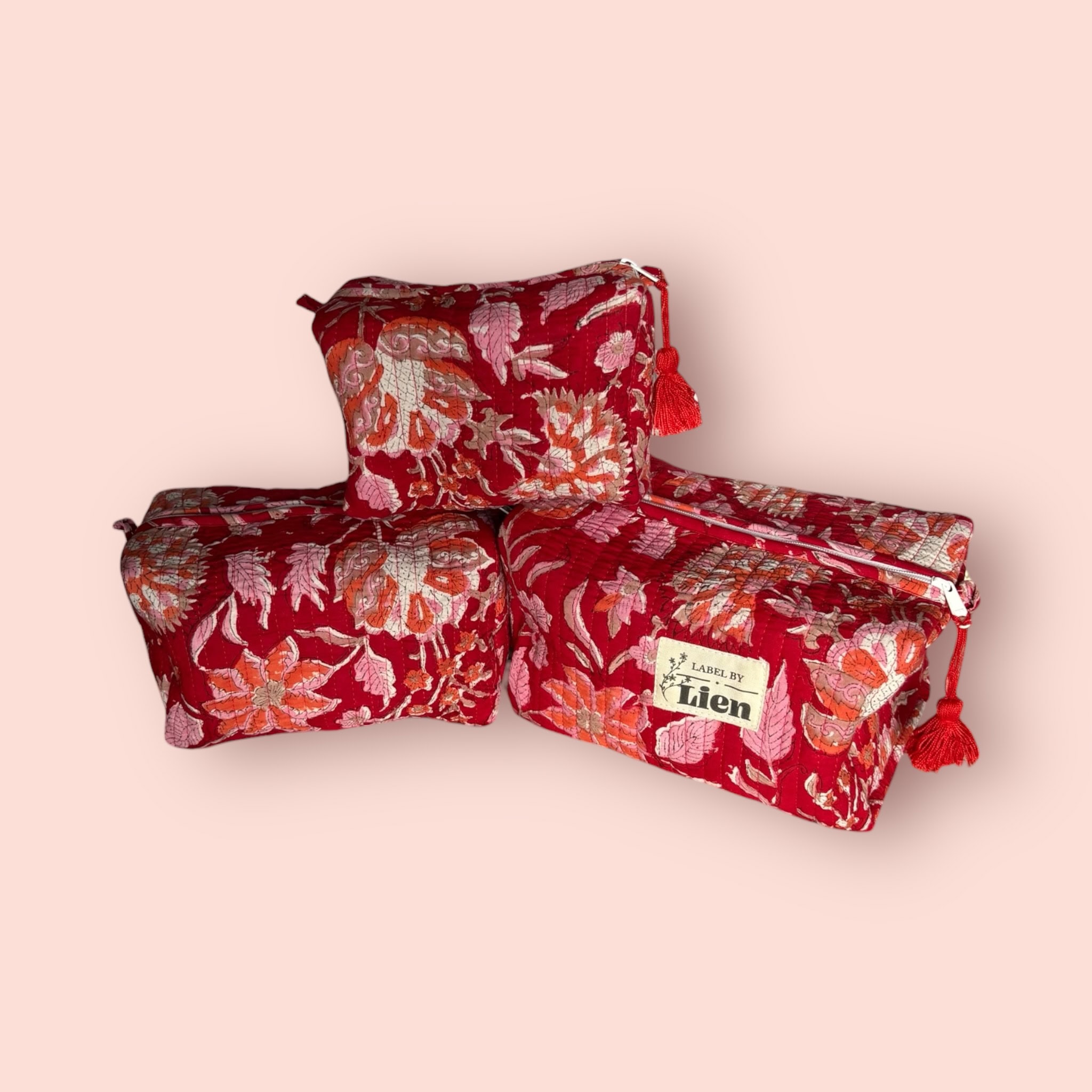 Toilettas rood set van 3 prachtige toilettassen met bloemenprint