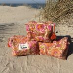 Toilettas oranje set van 3 toilettassen met bloemenprint