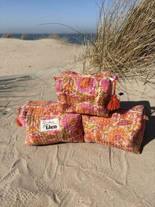 Toilettas oranje set van 3 toilettassen met bloemenprint