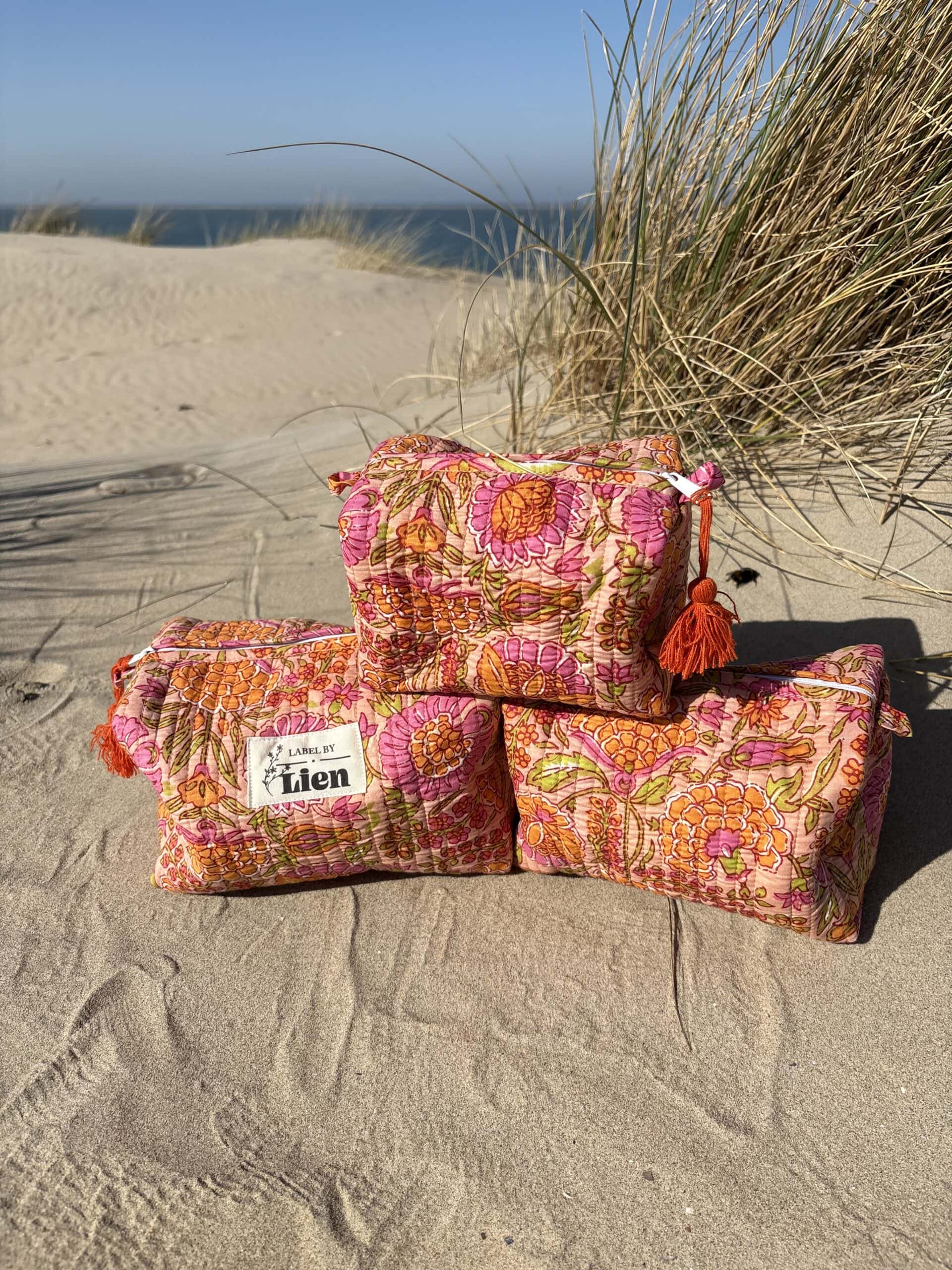 Toilettas oranje set van 3 toilettassen met bloemenprint